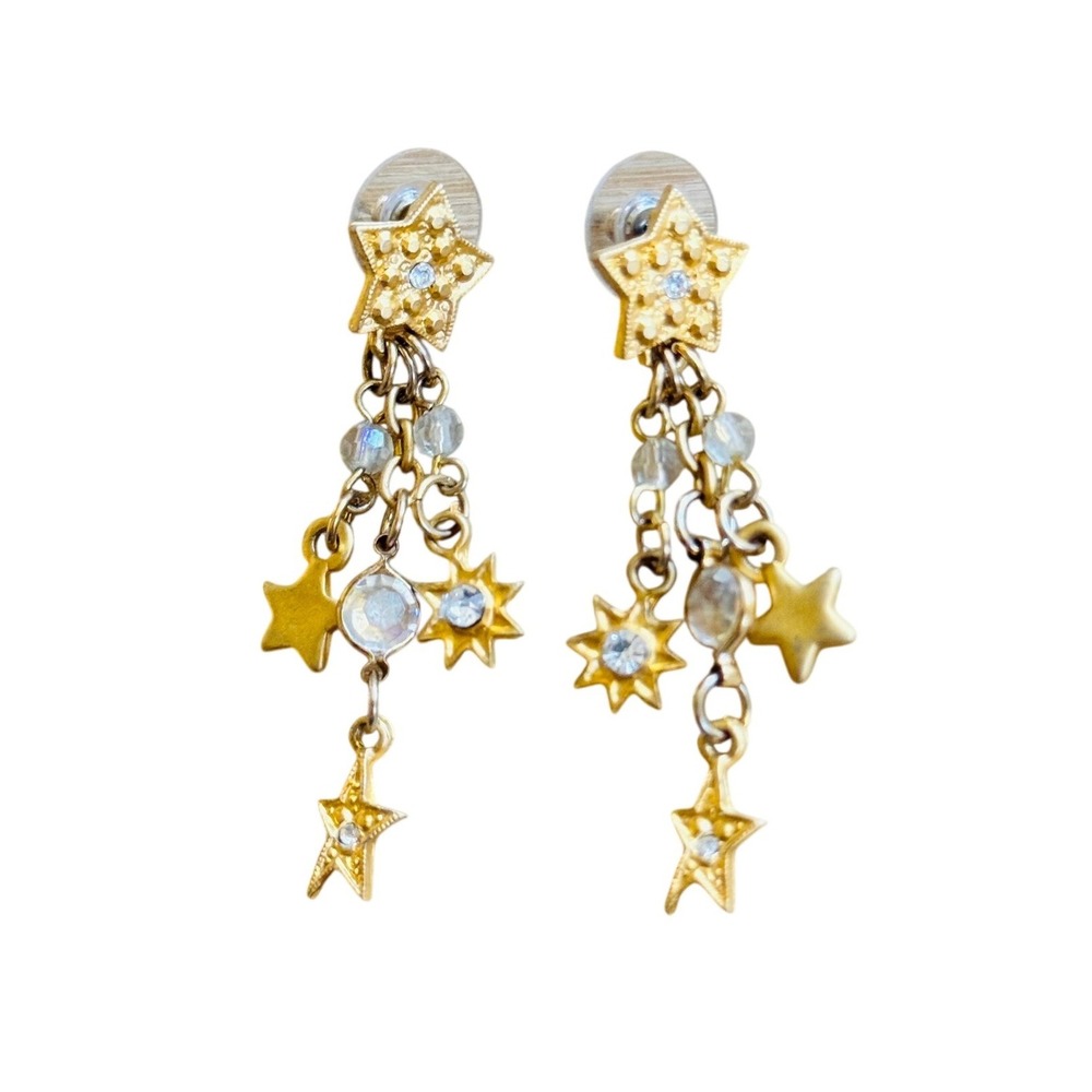 Whimsical Star Earrings Rhinestone Celestial Dangle Chandelier Gold Plated 90s